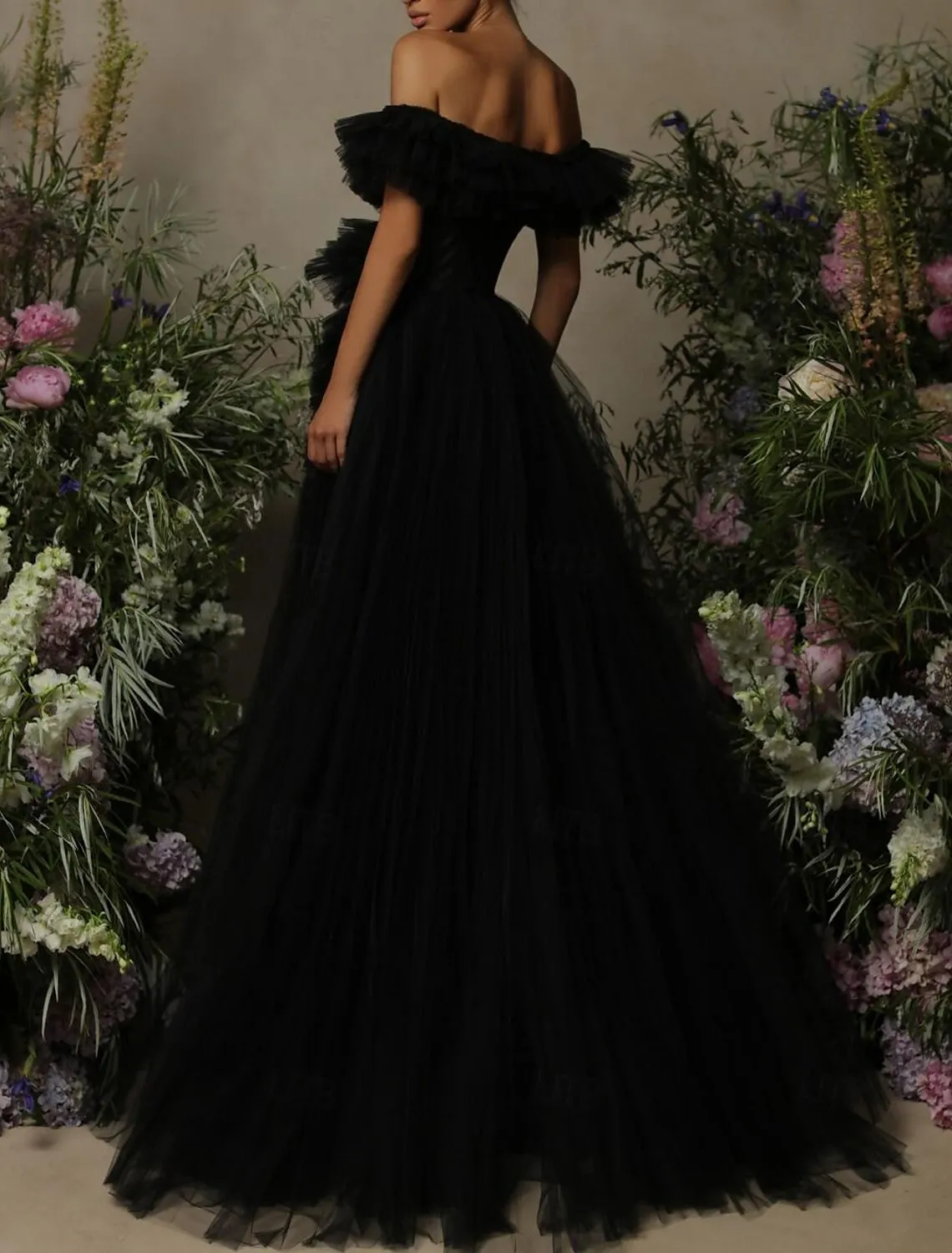 A-Line Prom Dresses Formal Women's Dresses Black Formal Dress Floor Length Sleeveless Off Shoulder Tulle with Ruched