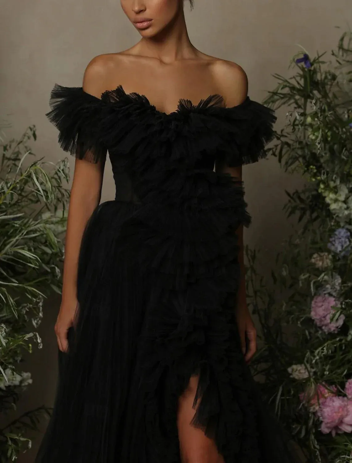 A-Line Prom Dresses Formal Women's Dresses Black Formal Dress Floor Length Sleeveless Off Shoulder Tulle with Ruched