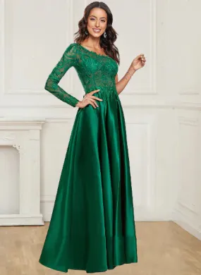A Line Prom Dresses One Long Sleeve Satin Green Lace Formal Dresses Side Slit