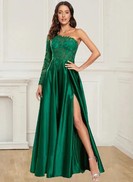 A Line Prom Dresses One Long Sleeve Satin Green Lace Formal Dresses Side Slit