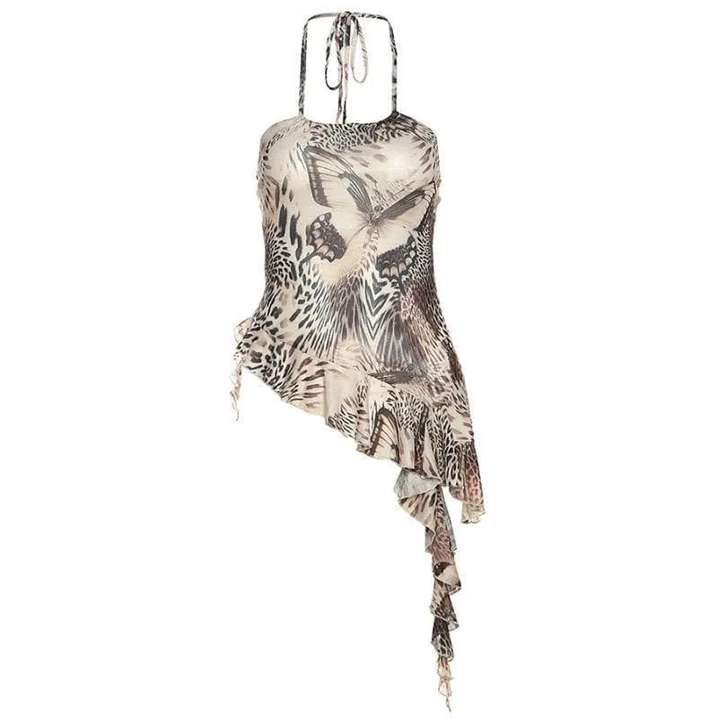 BerryBetty - Butterfly pattern sheer mesh see through irregular halter crop top