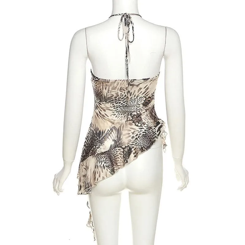 BerryBetty - Butterfly pattern sheer mesh see through irregular halter crop top