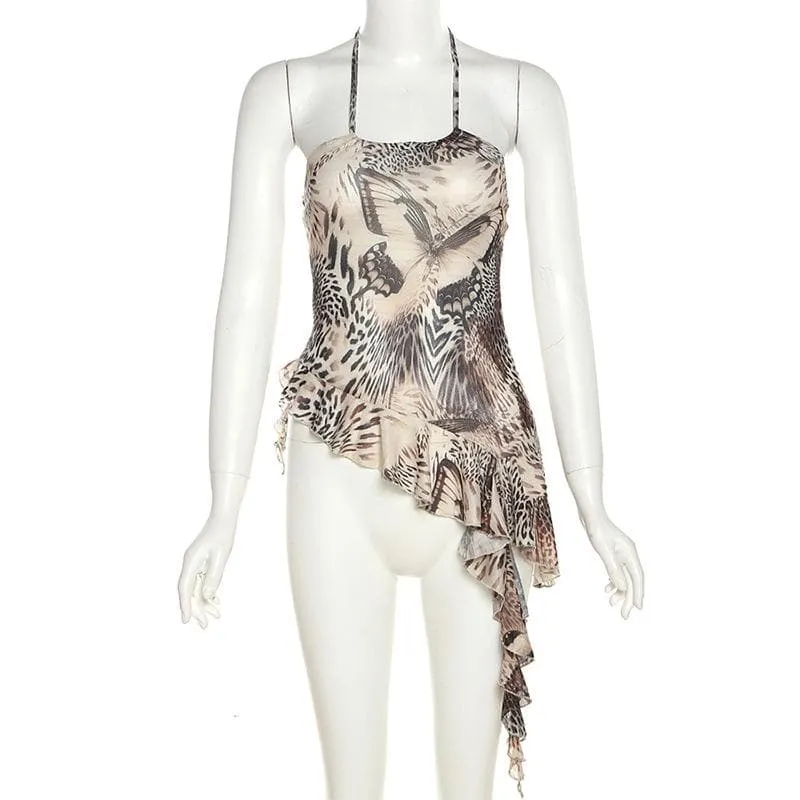 BerryBetty - Butterfly pattern sheer mesh see through irregular halter crop top