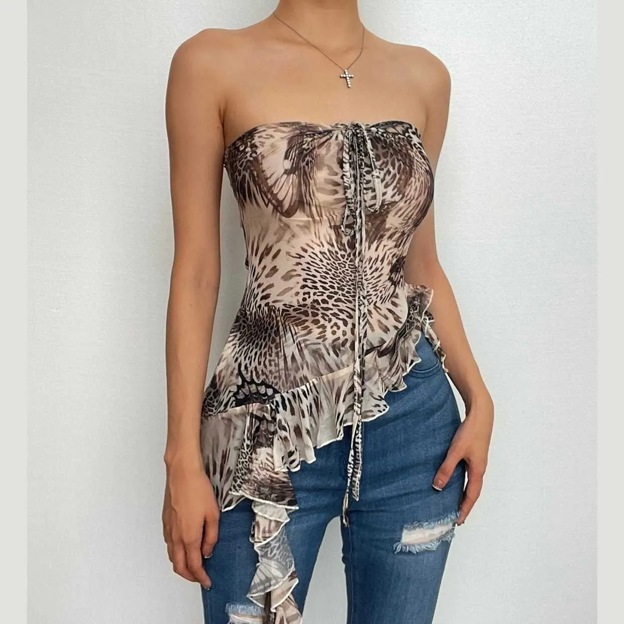 BerryBetty - Butterfly pattern sheer mesh see through irregular halter crop top