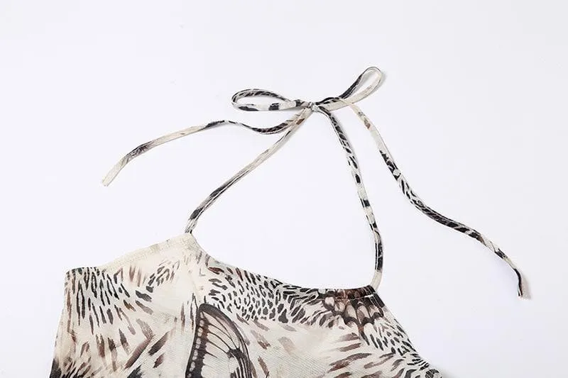 BerryBetty - Butterfly pattern sheer mesh see through irregular halter crop top