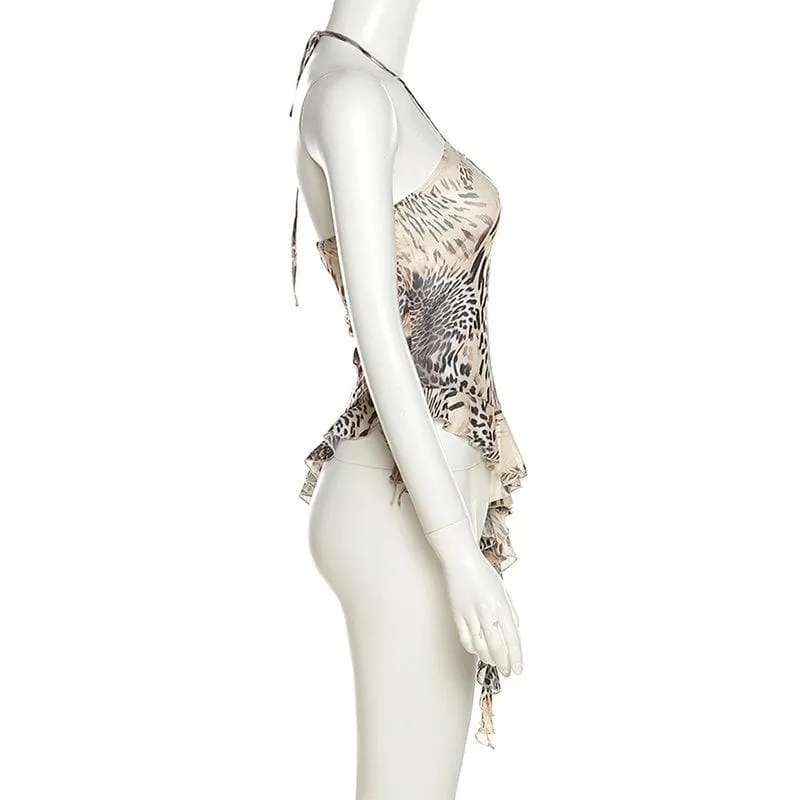 BerryBetty - Butterfly pattern sheer mesh see through irregular halter crop top