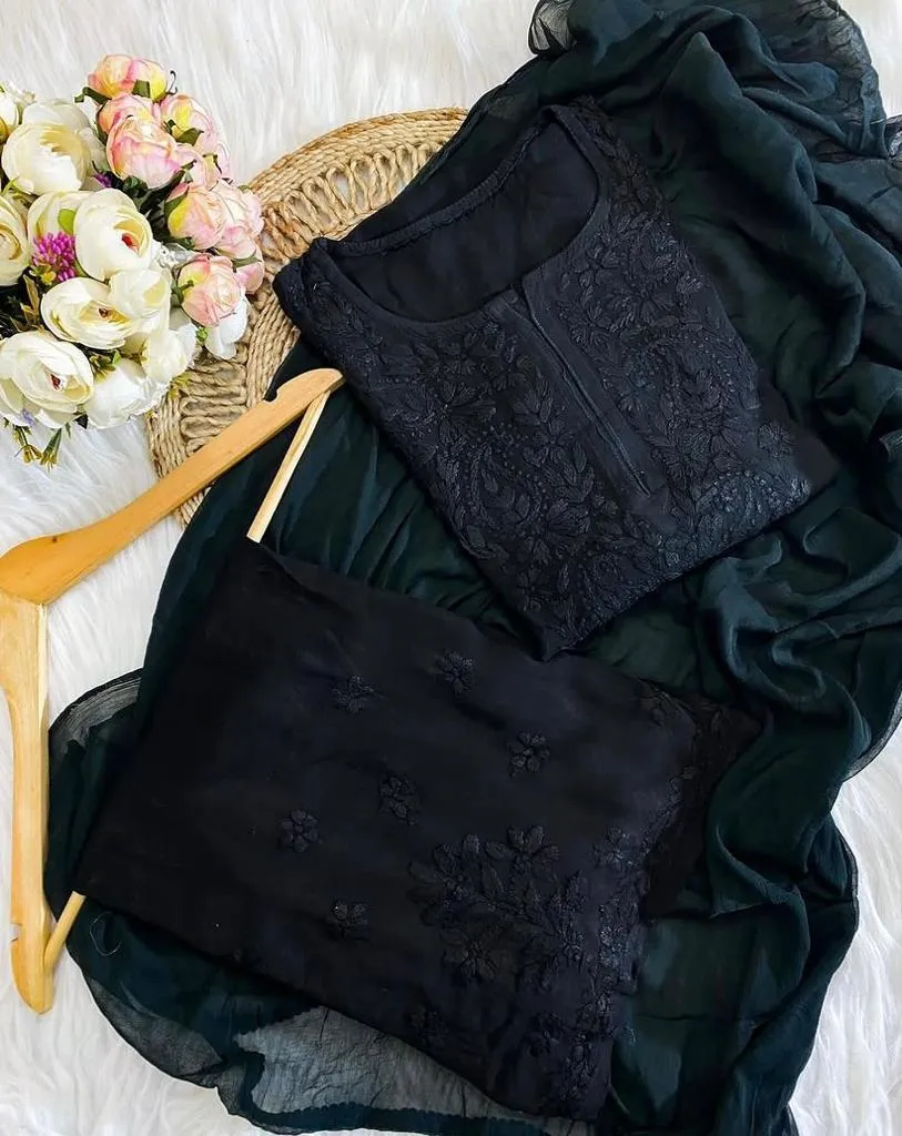 Black Chikankari Rayon Kurti Palazzo Set With Dupatta