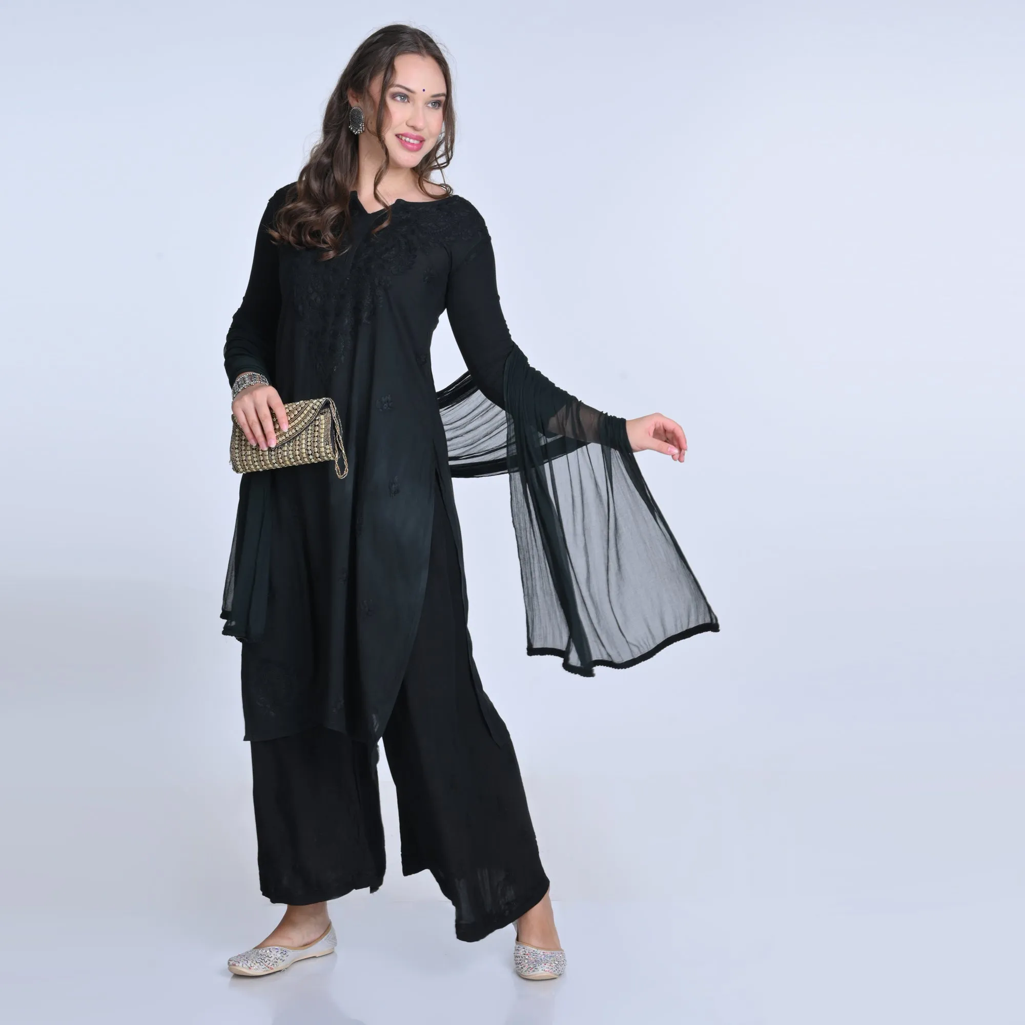 Black Chikankari Rayon Kurti Palazzo Set With Dupatta