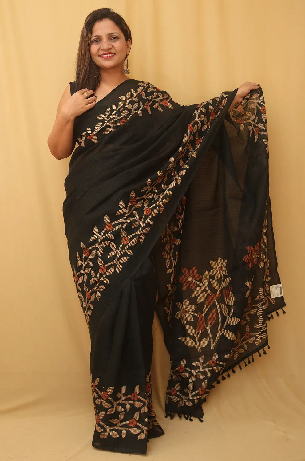 Black Jamdani Print Semi Tussar Silk Saree