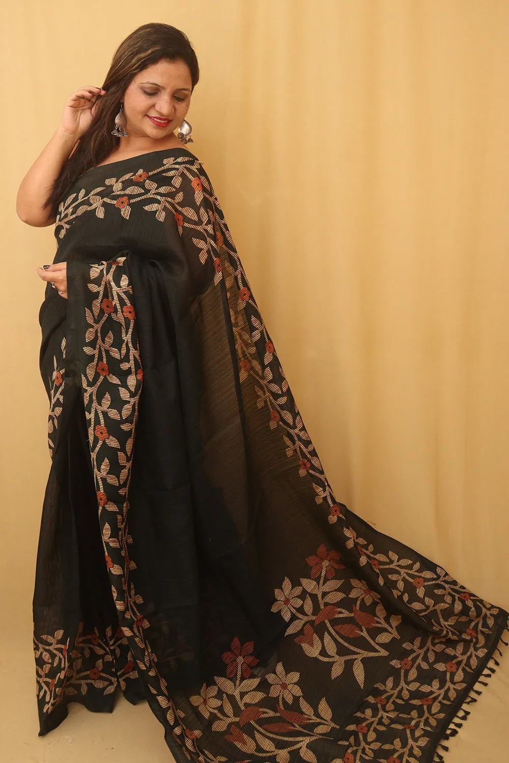 Black Jamdani Print Semi Tussar Silk Saree