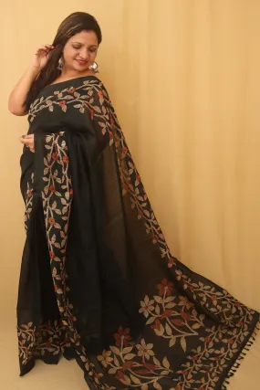 Black Jamdani Print Semi Tussar Silk Saree
