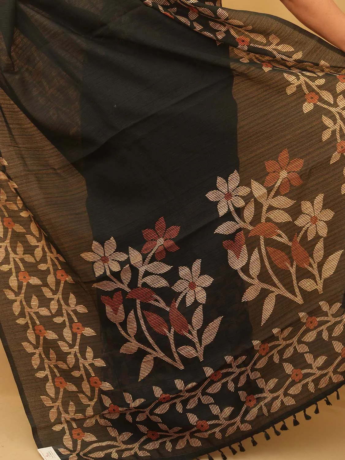 Black Jamdani Print Semi Tussar Silk Saree