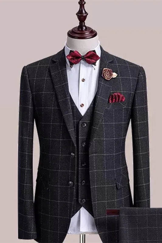 Black Plaid Notched Lapel Business Suits Three Pieces Suit Morning Dinner Party