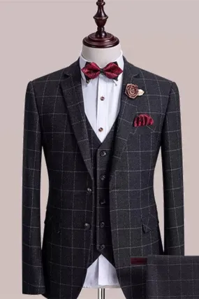Black Plaid Notched Lapel Business Suits Three Pieces Suit Morning Dinner Party