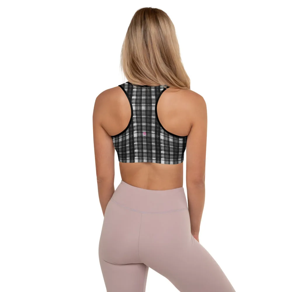 Black Plaid Print Workout Bra, White Black Scottish Plaid Printed Women's Padded Sports Bra