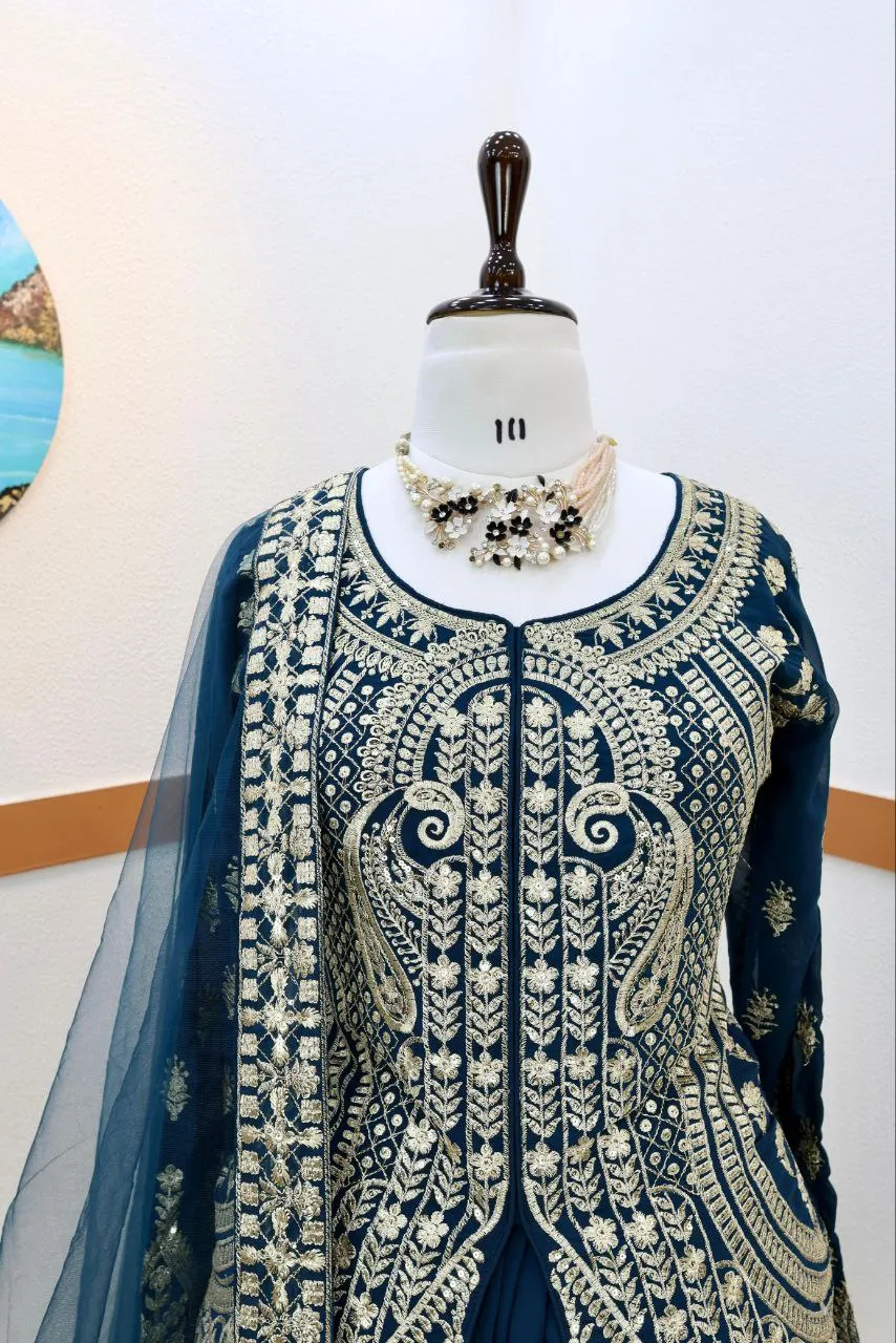 Blue Color Mesmerizing Fox Georgette Lehenga Set: Embroidered Elegance for Every Occasion