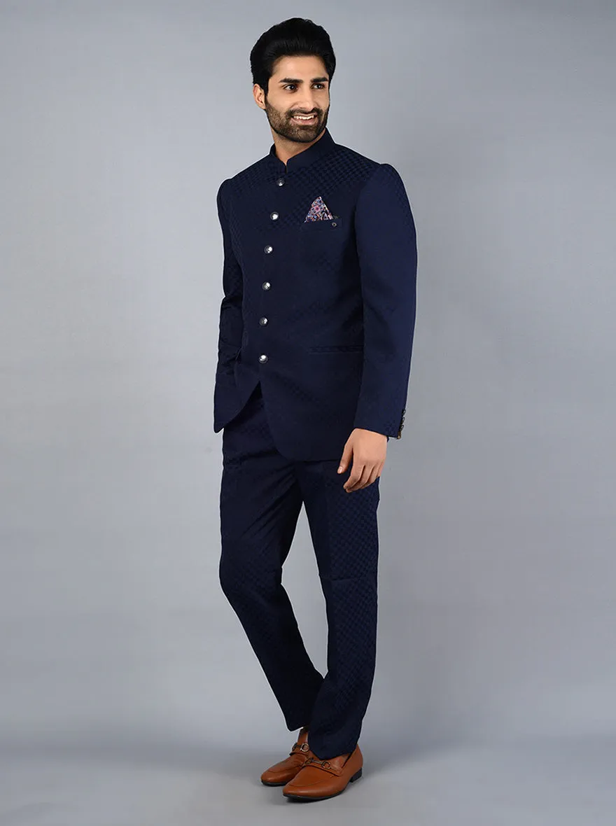 Blue Self Design Regular Fit Jodhpuri Suit | JadeBlue