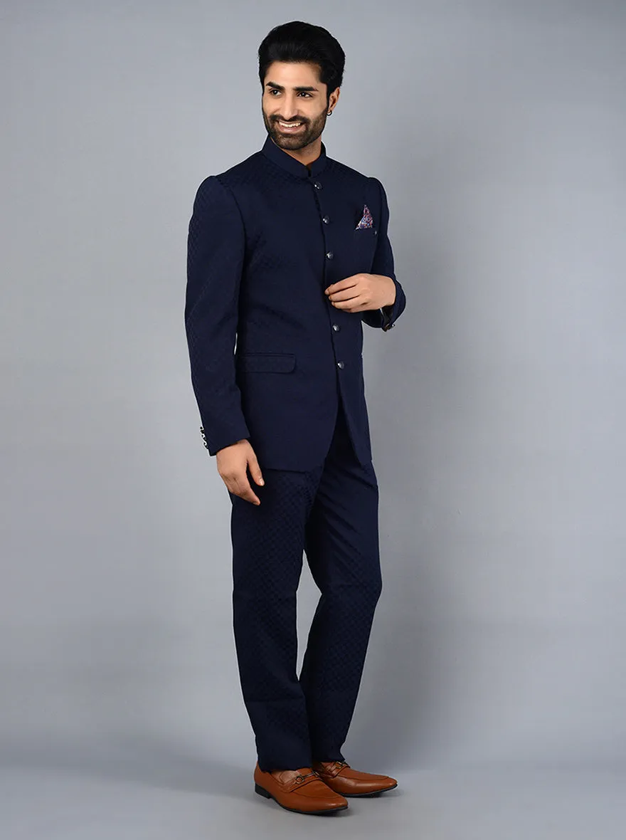 Blue Self Design Regular Fit Jodhpuri Suit | JadeBlue