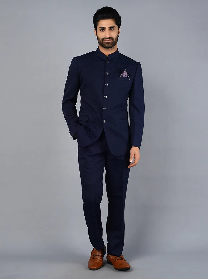 Blue Self Design Regular Fit Jodhpuri Suit | JadeBlue