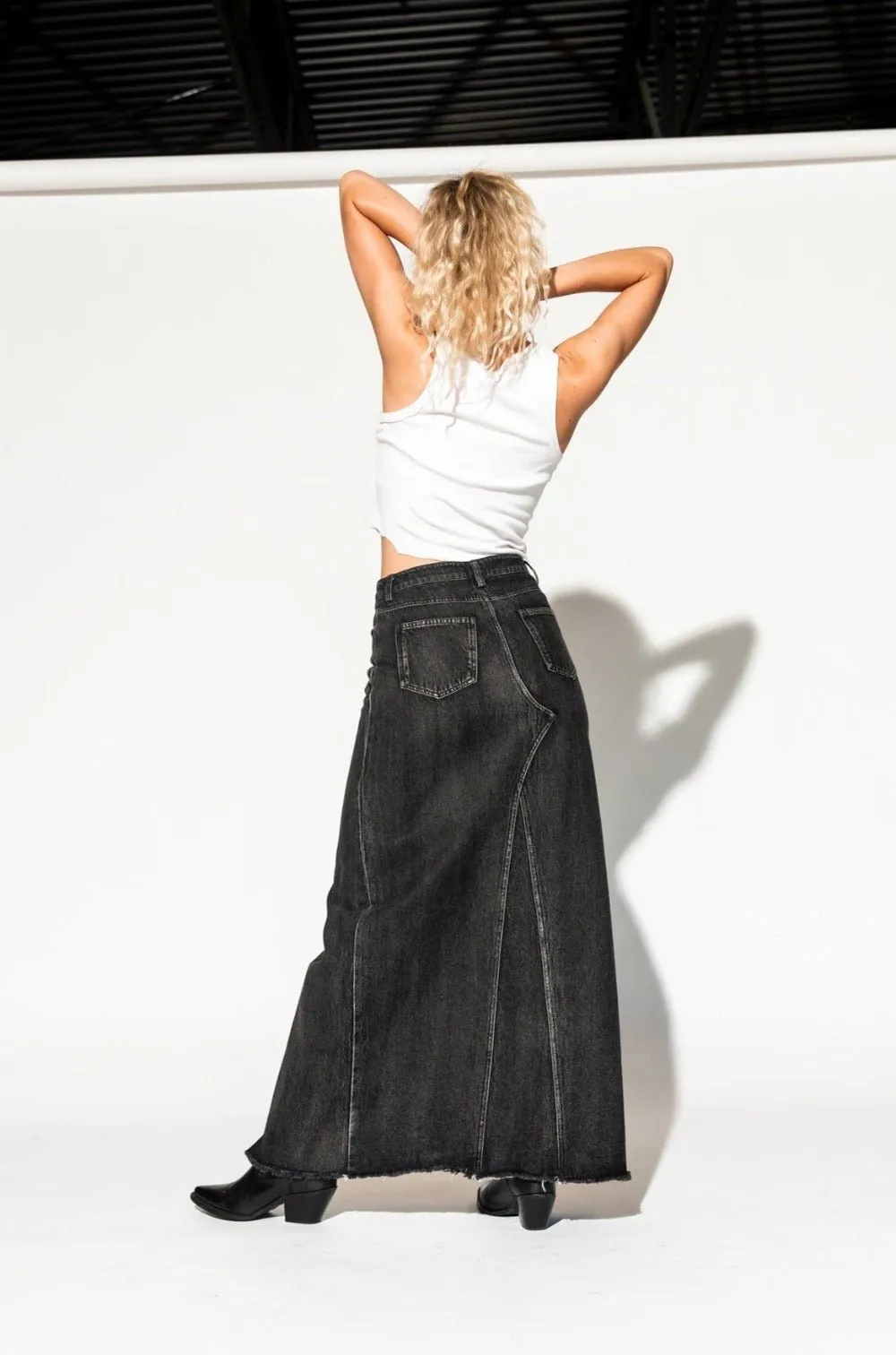 Don’t Kill My Vibe Criss Cross Denim Maxi Skirt in Black