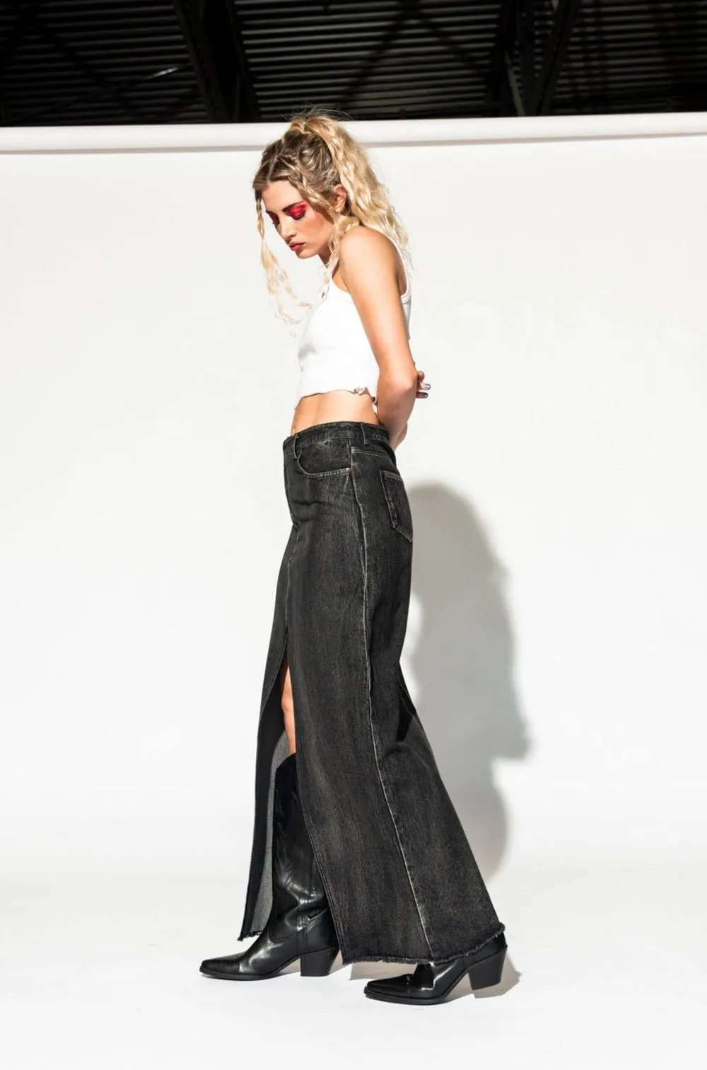 Don’t Kill My Vibe Criss Cross Denim Maxi Skirt in Black