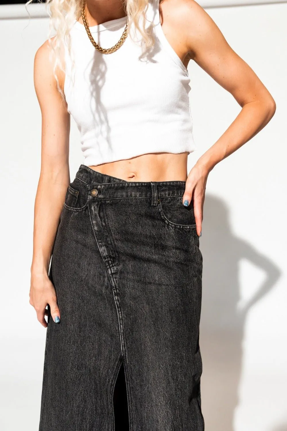 Don’t Kill My Vibe Criss Cross Denim Maxi Skirt in Black
