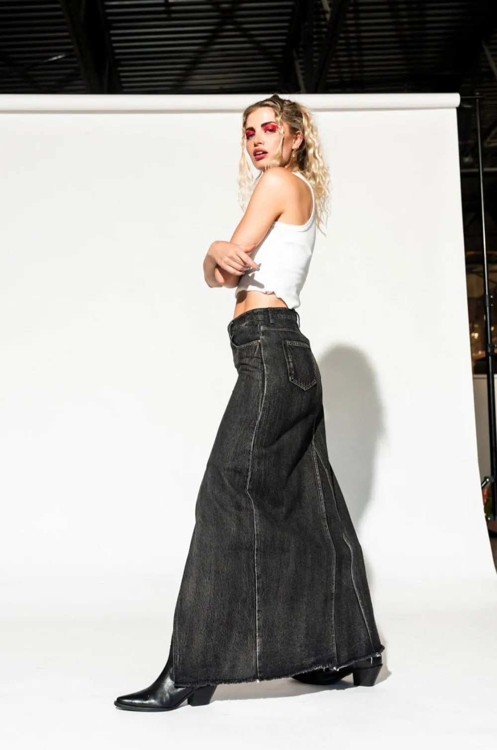 Don’t Kill My Vibe Criss Cross Denim Maxi Skirt in Black