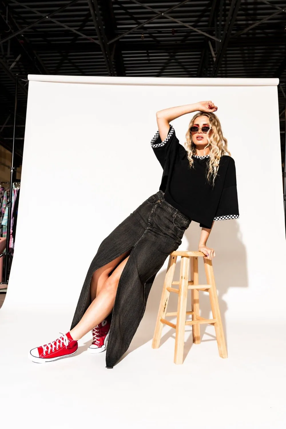 Don’t Kill My Vibe Criss Cross Denim Maxi Skirt in Black