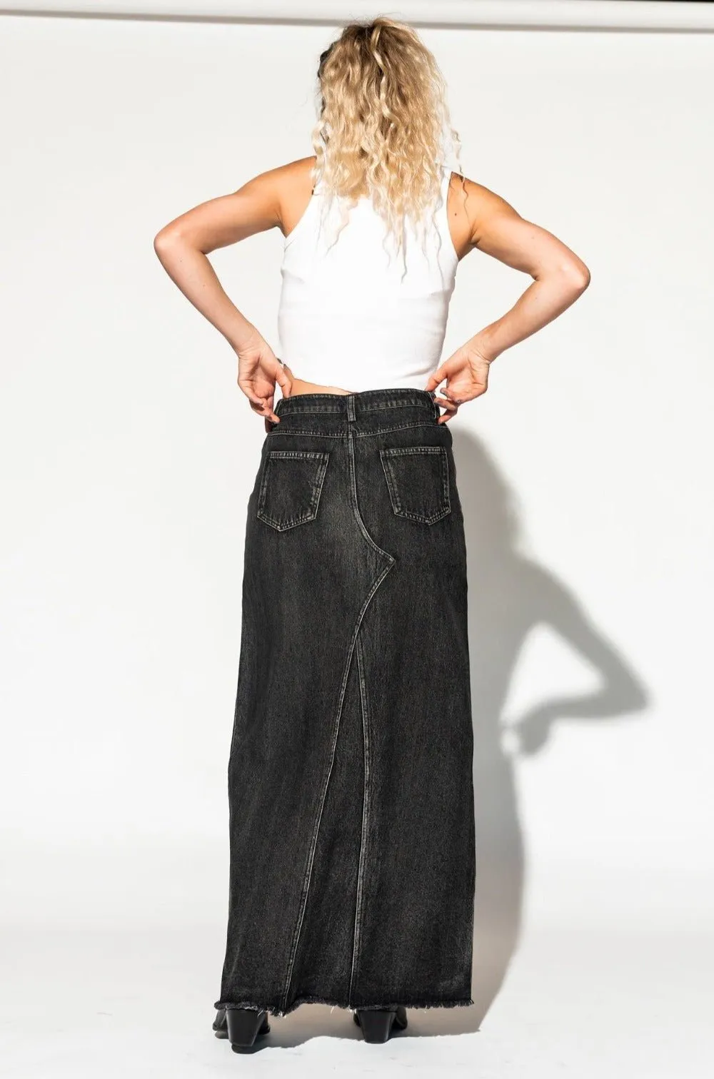 Don’t Kill My Vibe Criss Cross Denim Maxi Skirt in Black