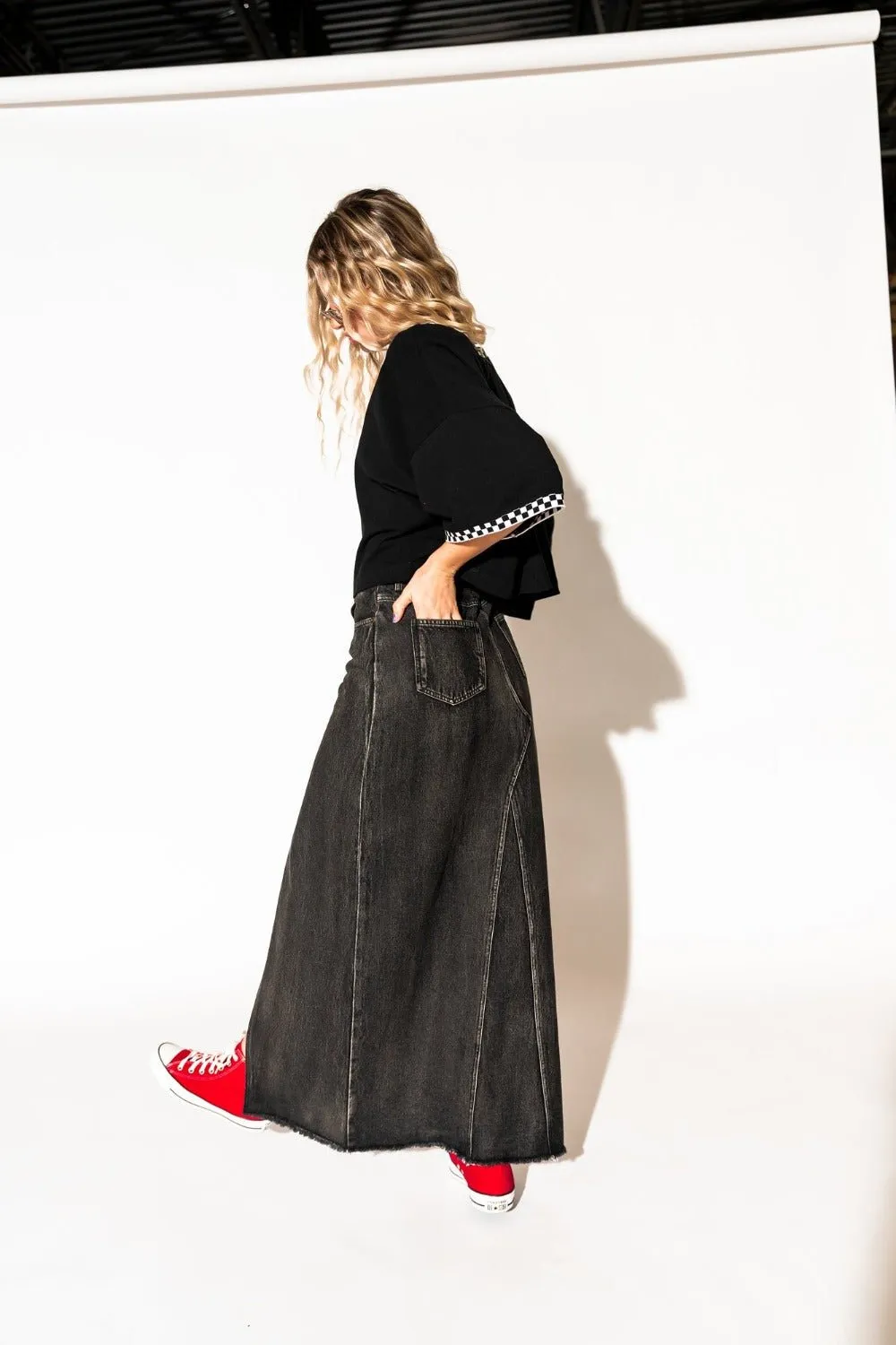 Don’t Kill My Vibe Criss Cross Denim Maxi Skirt in Black