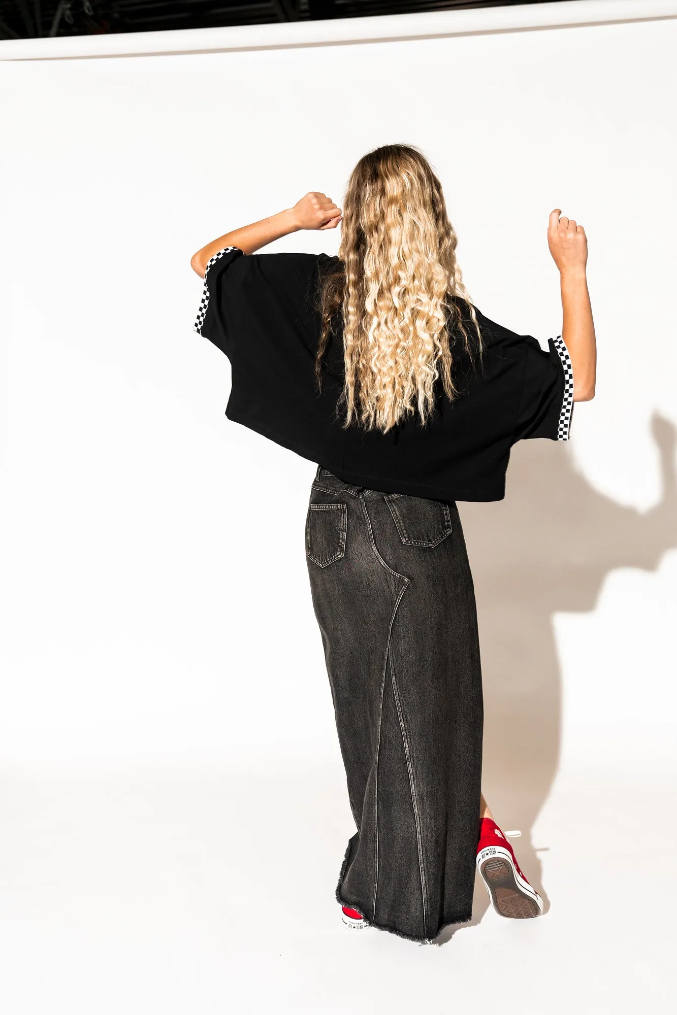 Don’t Kill My Vibe Criss Cross Denim Maxi Skirt in Black
