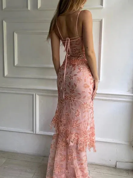 Formal Wear Dresses Pink Spaghetti Straps Lace Beading Gorgeous Mermaid Evening Dress Stores With Prom Dresses Formal Women's Dresses