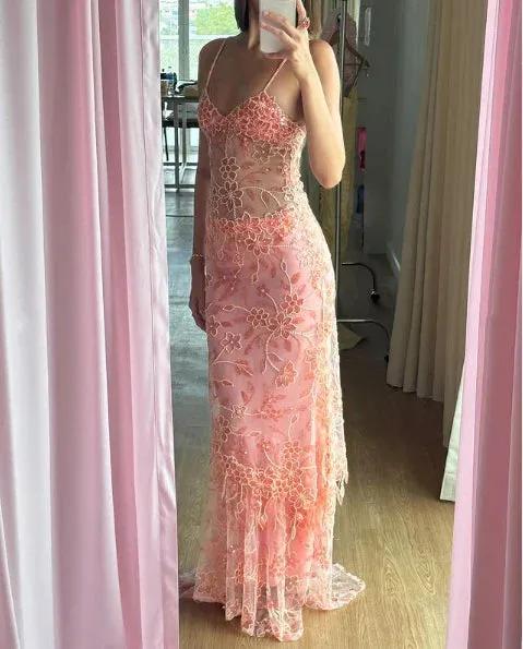 Formal Wear Dresses Pink Spaghetti Straps Lace Beading Gorgeous Mermaid Evening Dress Stores With Prom Dresses Formal Women's Dresses