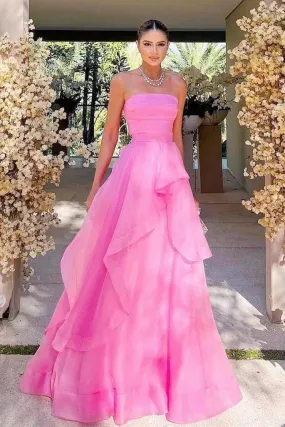 Formal Wear Dresses/Strapless Pink Tulle Ruffle A-line Formal Prom Dress