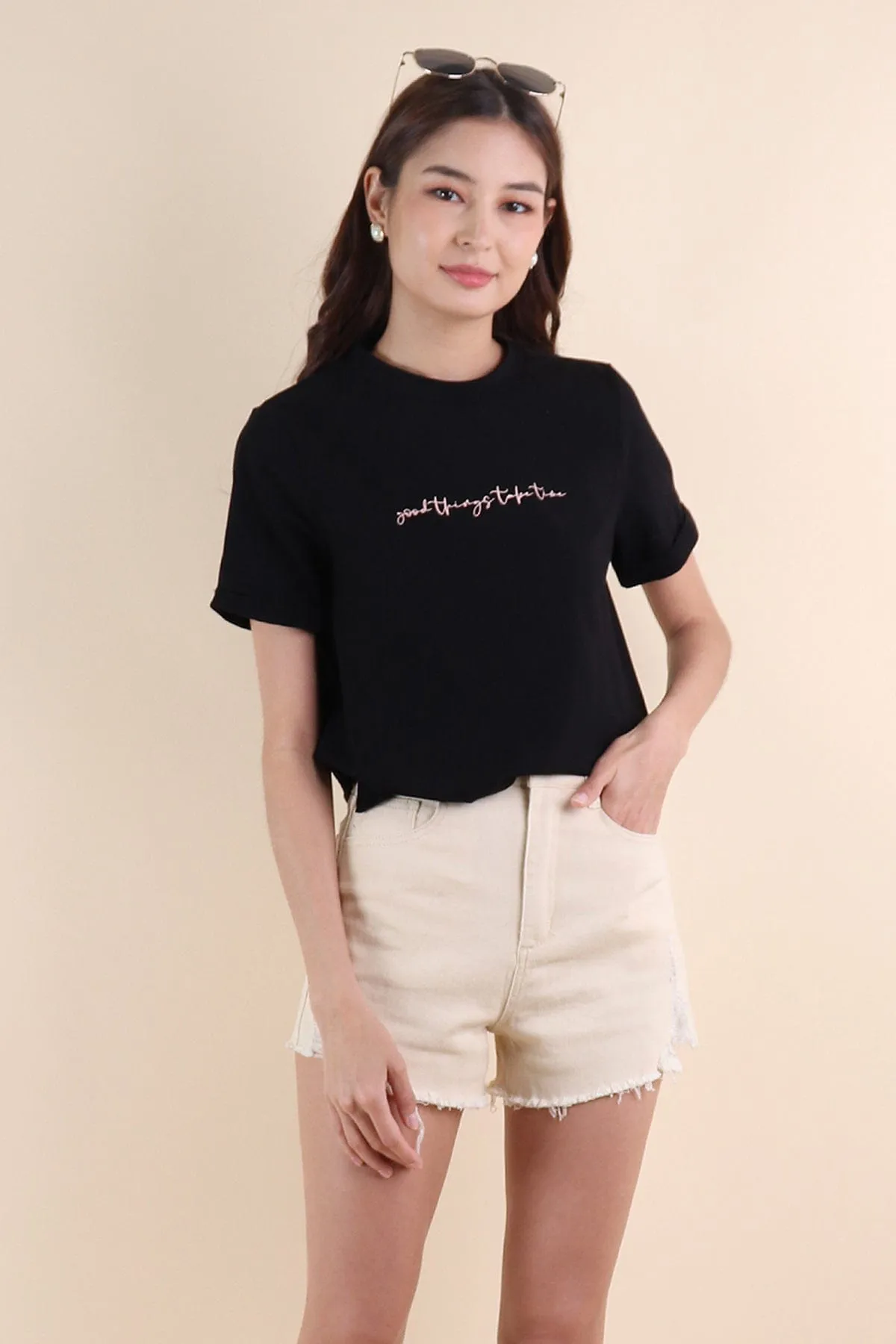 GOOD THINGS TAKE TIME QUOTE TEE IN BLACK