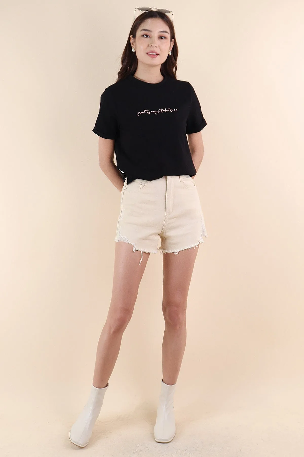 GOOD THINGS TAKE TIME QUOTE TEE IN BLACK