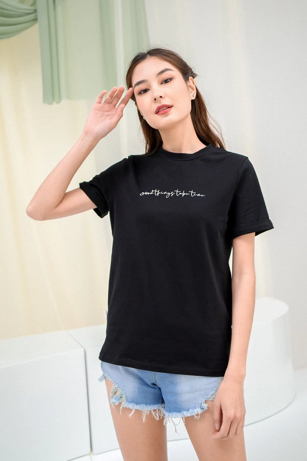 GOOD THINGS TAKE TIME QUOTE TEE IN BLACK
