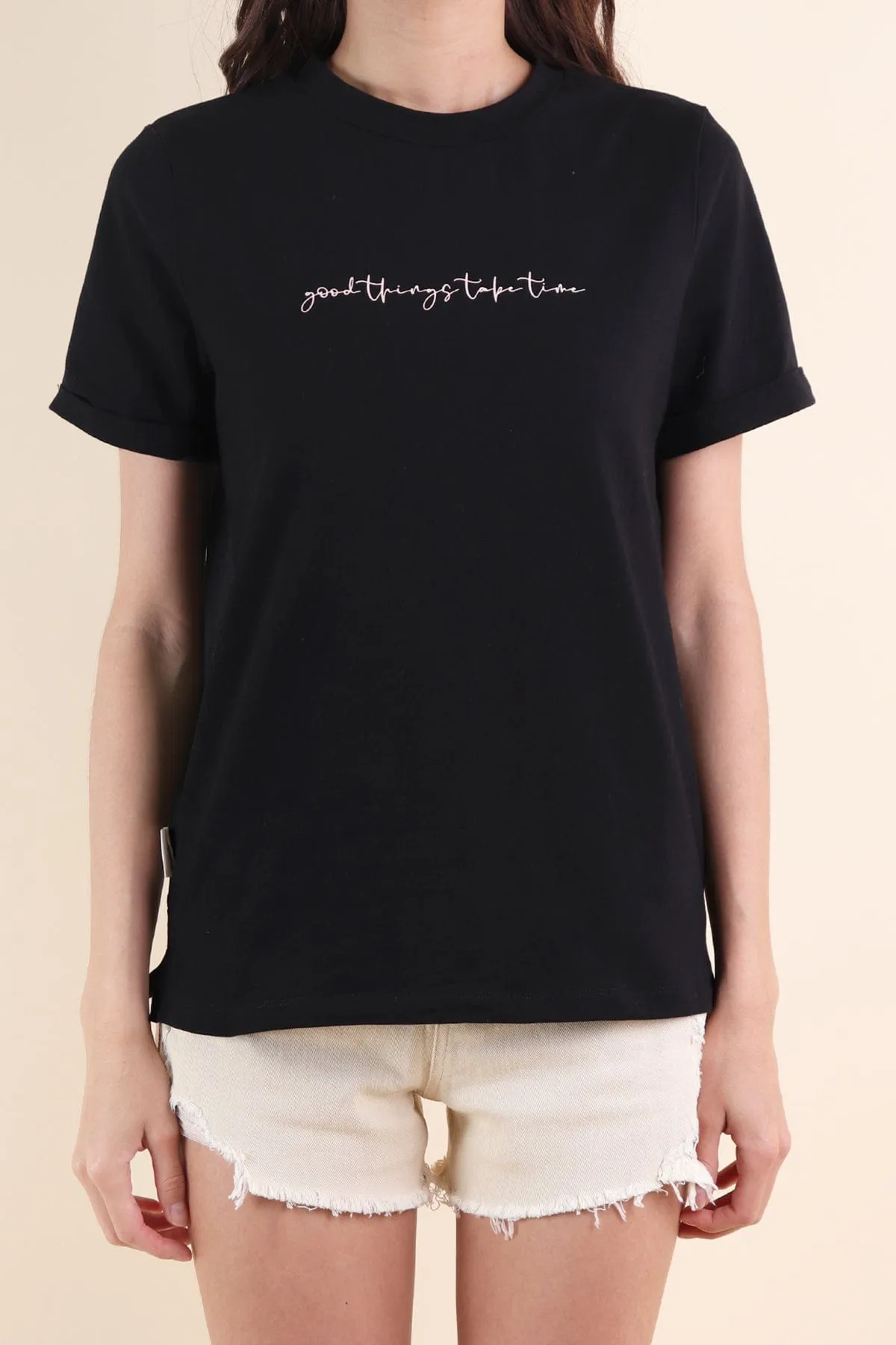 GOOD THINGS TAKE TIME QUOTE TEE IN BLACK