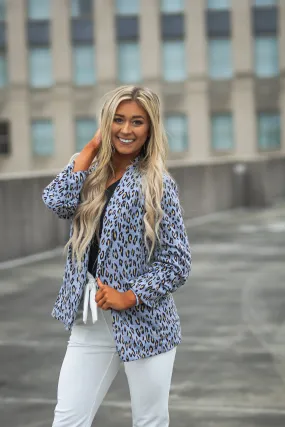 Grey Leopard Open Front Blazer