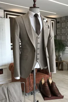 Light Coffee Peaked Lapel Formal Business Suits Three Pieces Tuxedos Wedding Party Suits