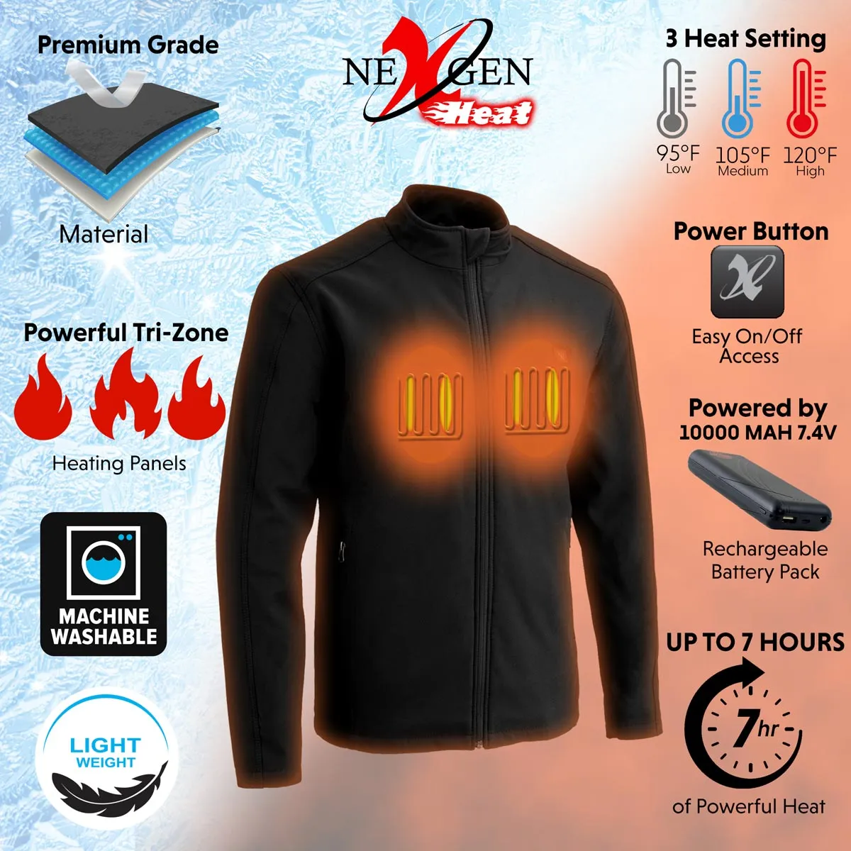 Nexgen Heat NXM1762SET Mens Soft Shell Heated Jacket - Black Standup Collar Jacket for Winter with Battery Pack