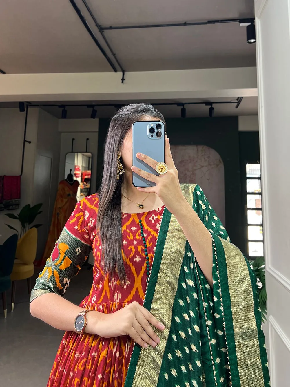 Red Color Patola Print Gown with Foil Detailing and Tussar Silk Elegance