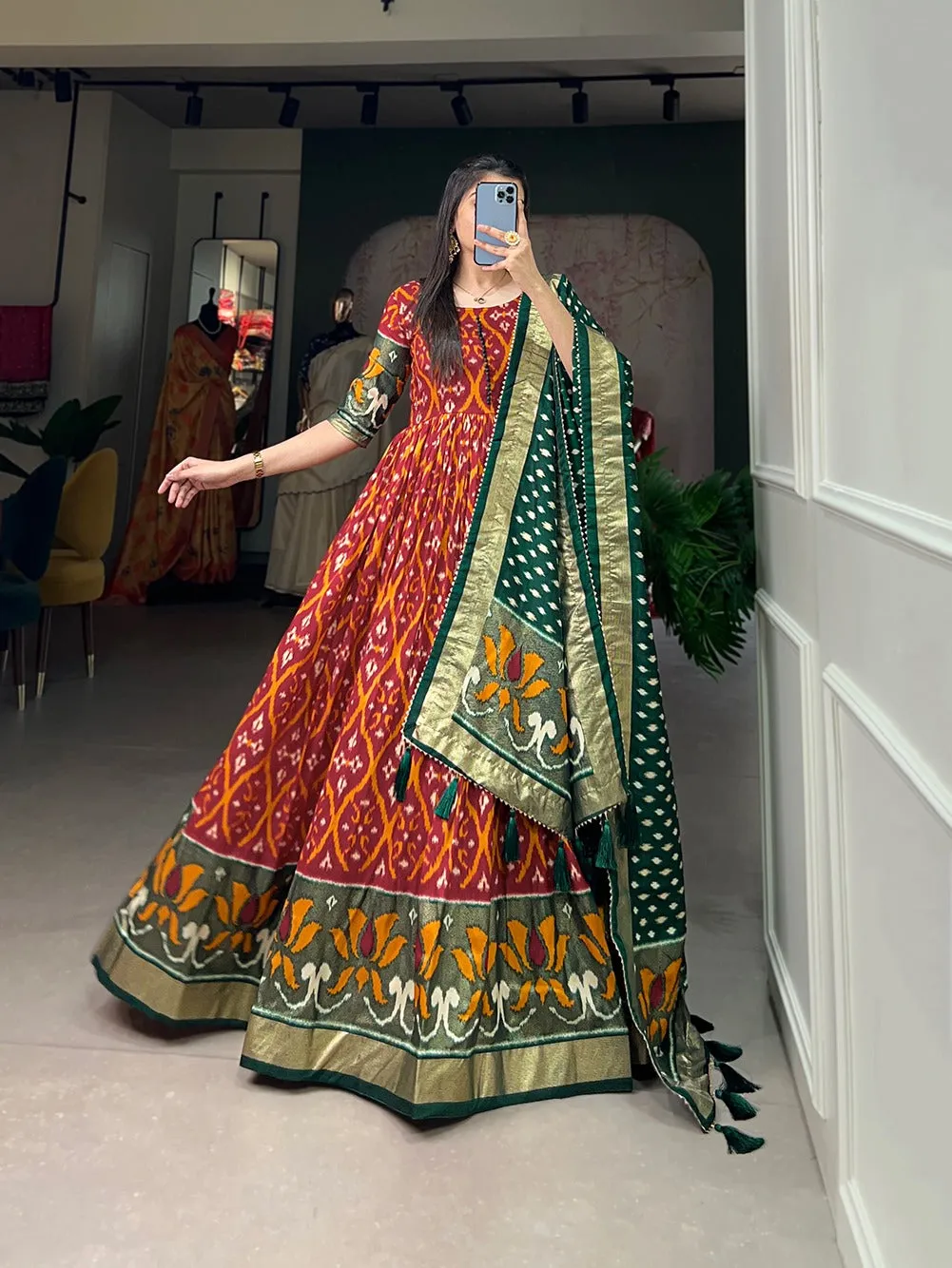 Red Color Patola Print Gown with Foil Detailing and Tussar Silk Elegance