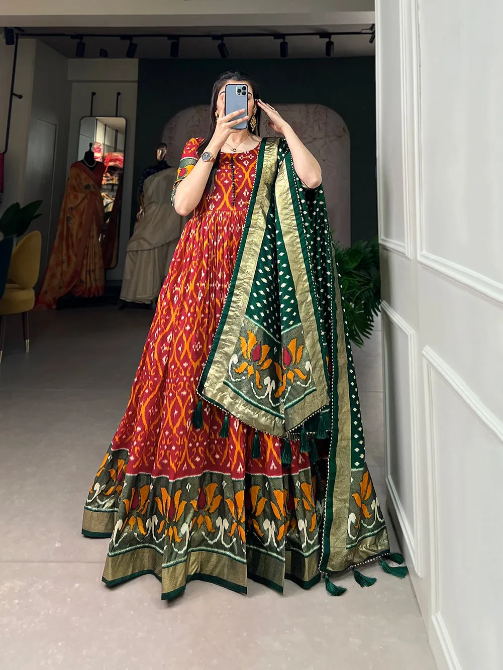 Red Color Patola Print Gown with Foil Detailing and Tussar Silk Elegance