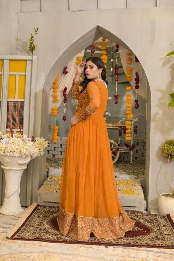 Ruby Couture - Laila - Mustard Korean Net Embroidered Pishwas with Raw Silk Pants