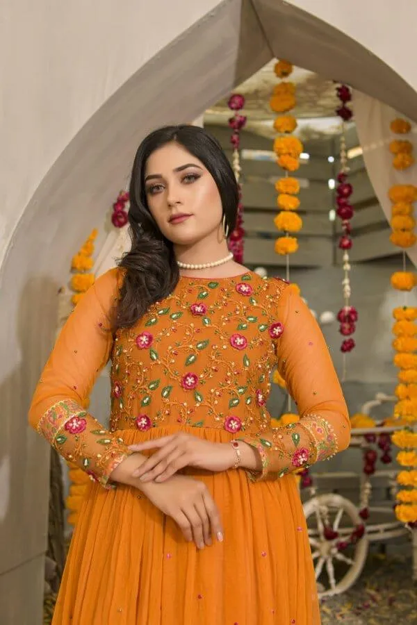 Ruby Couture - Laila - Mustard Korean Net Embroidered Pishwas with Raw Silk Pants