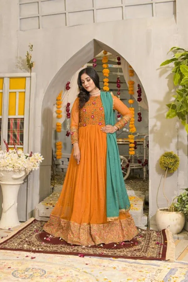 Ruby Couture - Laila - Mustard Korean Net Embroidered Pishwas with Raw Silk Pants
