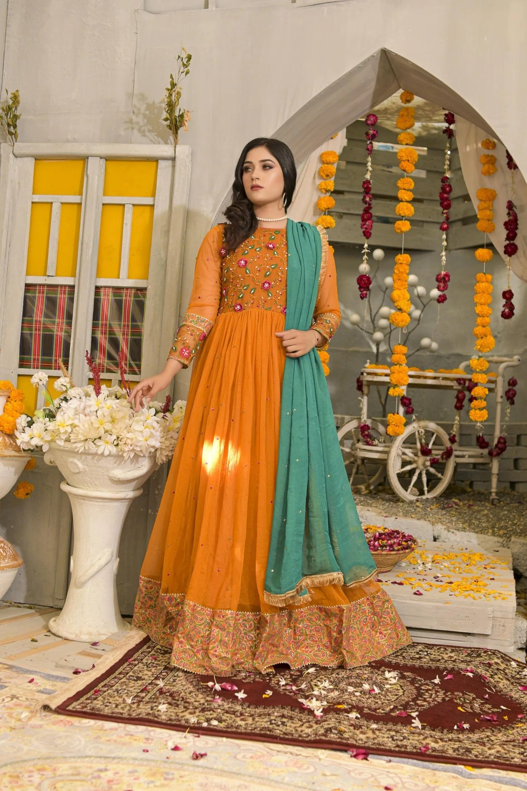 Ruby Couture - Laila - Mustard Korean Net Embroidered Pishwas with Raw Silk Pants