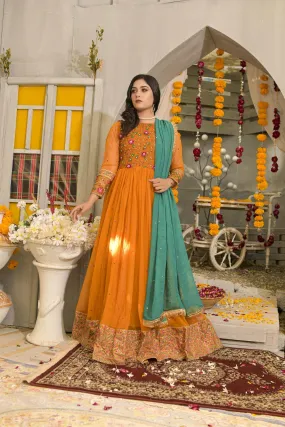 Ruby Couture - Laila - Mustard Korean Net Embroidered Pishwas with Raw Silk Pants