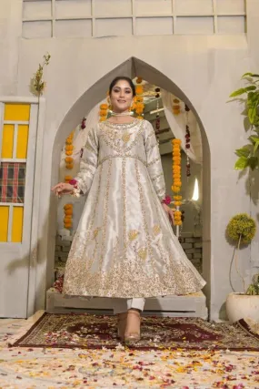 Rubys Couture - Silver Grey Embroidered Tissue Anarkali with Raw Silk Pants  - Deewani